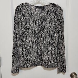 Tahari Women's S Black White Keyhole Neck Long Sleeve Office Career Blouse